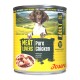 Dose Josera Hundefutter mit der Aufschrift ‚Meat Lovers | Pure Chicken‘, mit Hundeabbildung, Schüssel mit Huhn und Text ‚Erwachsen‘ und ‚Getreidefrei‘.