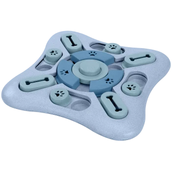 Interaktives Haustierpuzzle-Spielzeug in Blau und Grau, mit verschiedenen Fächern in Form von Knochen und Pfotenabdrücken zum Verstecken von Leckereien.
