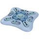 Jouet puzzle interactif pour animaux en bleu et gris, présentant divers compartiments en forme d'os et d'empreintes de pattes pour cacher des friandises.