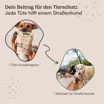 Bild einer "Hundehappen" Haustierfuttertüte mit einem Pfotenabdruck. Text: "Ihr Beitrag hilft Straßenhunden. 1 Tüte = 1 Mahlzeit."