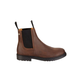 Brauner Leder-Ankle-Boot mit elastischen Seitenpaneelen und Zuglaschen, mit einer robusten schwarzen Gummisohle.