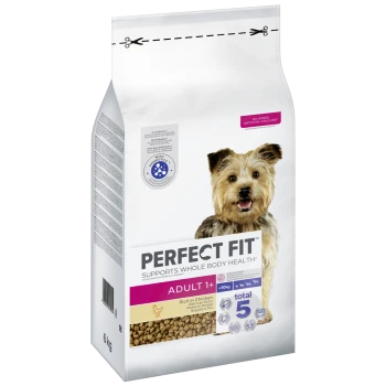 Ein 6 kg Beutel Perfect Fit Hundefutter, beschriftet mit "Adult 1+" und "Reich an Huhn," mit Gesundheitsvorteilsymbolen und ohne künstliche Farben.