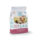Tüte Swiss Natural Junior Tierfutter, weiß-pinke Verpackung mit Aufdruck "72% Huhn" und Slogan "Riech es. Schmeck es. Lieb es!"