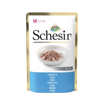 Kitten Thunfisch 20x85 g Schesir Kittenfutterbeutel mit Thunfisch in Gelee, mit einer Schüssel zerrissenem Thunfisch auf der Vorderseite und mehrsprachigen Zutatenetiketten.