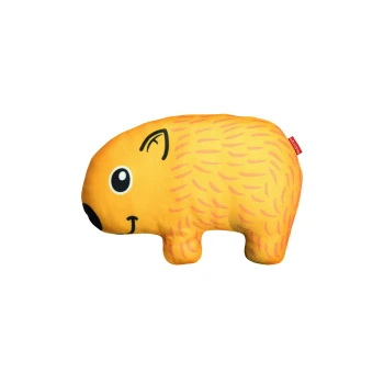 RedDingo Wombat Ein süßes, plüschiges gelbes Haustierspielzeug in Form eines lächelnden Tieres, mit schwarzen Augen und rosa Fellmustern.