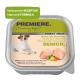 Hundefutterverpackung, beschriftet "Finest Meat" mit Huhn und Gemüse für Senioren, mit "Verbesserte Formel" und ohne zugesetzte Aromen oder Zucker.
