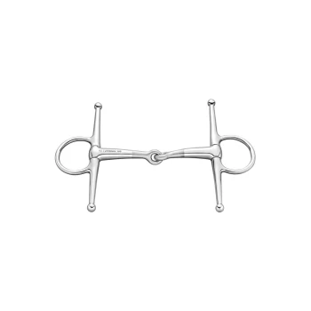 Ein glänzendes, aus Edelstahl gefertigtes Pferdegebiss mit einem zentralen Gelenk und zwei Ringen auf jeder Seite, entworfen für den Reitsport.