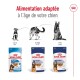Image de nourriture pour chiens Royal Canin pour différentes étapes de la vie : Chiot (2-15 mois), Adulte (15 mois-5 ans), et Vieillissant (5+ ans).