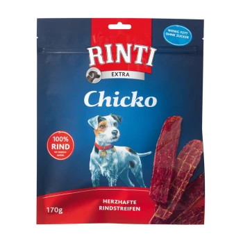 Emballage de friandises pour chien Rinti Chicko avec des bandes de boeuf rouges, étiqueté "100% RIND" et "HERZHAFTE RINDSTREIFEN," 170g.
