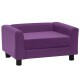 Lila Haustiersofa mit Armlehnen und einem gepolsterten Sitz, auf vier schwarzen Beinen ruhend.