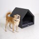 Ein brauner Hund steht neben einem modernen, dunkelgrauen Hundehäuschen mit einem schrägen Dach und einem plüschigen schwarzen Innenkissen.
