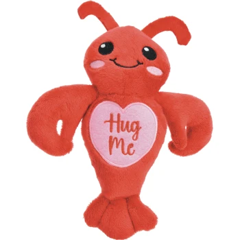 Rotes Plüsch-Hummer-Haustierspielzeug mit lächelndem Gesicht und rosa Herz auf der Brust mit der Aufschrift „Hug Me“.