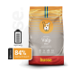Super Premium Valp Mini Hundefuttertüte, mit einem verspielten Hundelogo, hebt 84% tierisches Protein, 32% Protein und hohe Energie hervor.