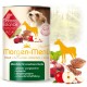 Dosenfutter für Hunde, beschriftet "Morgen-Menü" mit Zutaten aus Pferd, Buchweizen, Rote Beete und Apfel, mit Ansprüchen, dass es getreidefrei und laktosefrei ist.