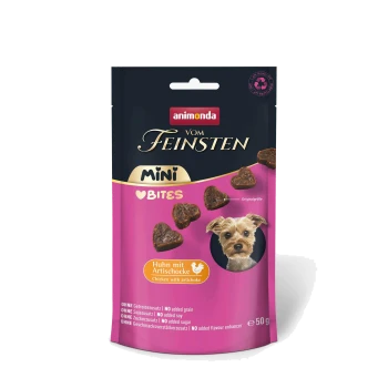 Beutel Animonda Vom Feinsten Mini Bites Hundesnacks, Huhn mit Artischocke, pink/schwarze Verpackung mit Hundeabbildung und herzförmigen Leckerlis.