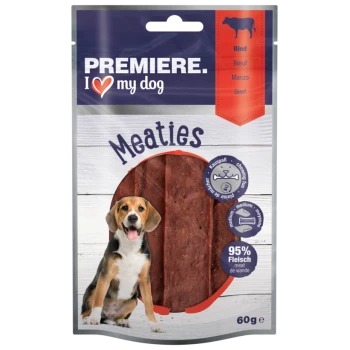 Verpakking van Premiere I Love My Dog Meaties hondensnacks, met een beagle en 95% vleesinhoud, 60g formaat.
