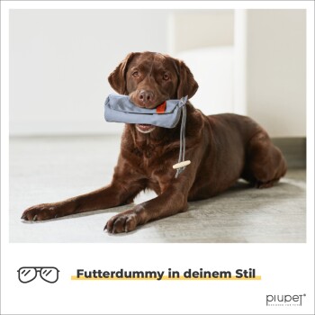 Ein brauner Labrador-Retriever liegt auf einem hellen Boden und hält einen grauen Futterdummy im Mund. Der Text lautet "Futterdummy in deinem Stil."
