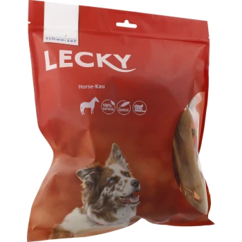 Rote Verpackung für LECKY Horse-Kau Hundeleckerlis mit einem Border Collie auf der Vorderseite, beschriftet mit '100% NATURAL' und 'SENSIC.'