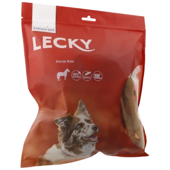 Rote Verpackung für LECKY Horse-Kau Hundeleckerlis mit einem Border Collie auf der Vorderseite, beschriftet mit '100% NATURAL' und 'SENSIC.'
