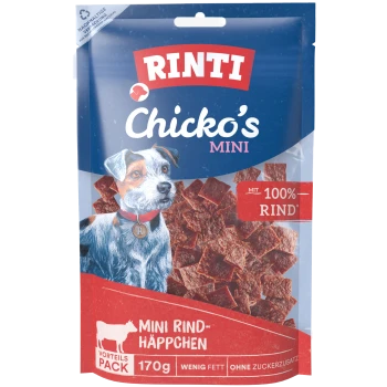 RINTI Chicko's Mini Hundesnack-Tüte mit Hundebild, Rindfleischwürfeln; Text: '100% RIND, Mini Rind-Häppchen 170g'.