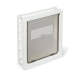 Weiße Kunststoff-Haustiertürklappe mit transparentem Schwenkpanel und "Dog Works"-Label.