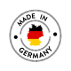 Schwarzer runder Stempel mit dem Text "MADE IN GERMANY" und einer Silhouette von Deutschland, gefärbt in den Nationalfarben: rot, schwarz und gelb.