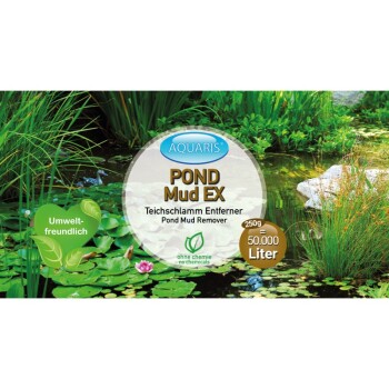 Aquaris POND Mud EX, ein Teichschlamm-Entferner mit umweltfreundlichem Logo, behandelt 50.000 Liter (250g), umgeben von Wasserpflanzen.