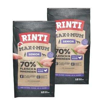 Zwei Beutel Rinti Max-I-Mum Senior Hundefutter, jeweils mit 12 kg, mit 70% Fleisch und Innereien, mit Fokus auf Huhn und hinzugefügten Vitaminen.