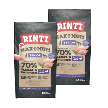 Zwei Beutel Rinti Max-I-Mum Senior Hundefutter, jeweils mit 12 kg, mit 70% Fleisch und Innereien, mit Fokus auf Huhn und hinzugefügten Vitaminen.