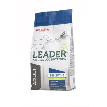 Bag of Leader Natural Dog Nutrition "Sensitive Small" with dog silhouette, claims "Nutritious Lamb," "Allergy Care," "100% Natural," made in Ireland.