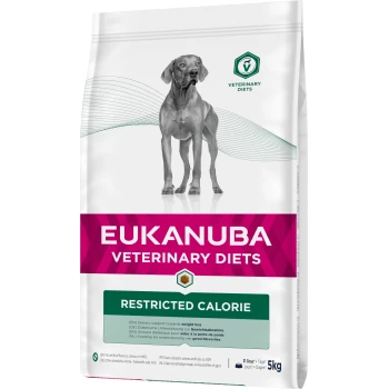 Veterinary Diet Trockenfutter Hund Restricted Calories Adult 5 kg Eukanuba Veterinary Diets Restricted Calorie Hundefutterbeutel mit einem grauen Hund, mit Text, der diätetische Unterstützung für Gewichtsverlust anzeigt.