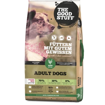 Eine Tüte Hundefutter mit der Aufschrift "DAS GUTE ZEUG" und einem Hundebild, das 70 % Fleisch, 30 % Früchte/Gemüse und 0 % Getreide angibt.