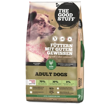 Eine Tüte Hundefutter mit der Aufschrift "DAS GUTE ZEUG" und einem Hundebild, das 70 % Fleisch, 30 % Früchte/Gemüse und 0 % Getreide angibt.