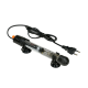 Onderwateraquariumverwarmer met verstelbare temperatuurinstellingen, zwart en transparant ontwerp, en stroomkabel.