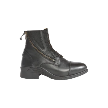 Schwarze Leder-Ankle-Boots mit einem seitlichen Reißverschluss und einer Schnürung, mit einer abgerundeten Zehe und einem niedrigen Absatz.