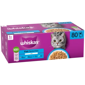 Lila Whiskas Fish Favourites Katzenfutter 80er-Packung mit Katzenfoto, Schale mit Fischstücken und Kennzeichnung „1+ Jahre“.