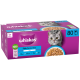 Lila Whiskas Fish Favourites Katzenfutter 80er-Packung mit Katzenfoto, Schale mit Fischstücken und Kennzeichnung „1+ Jahre“.