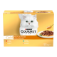 Purina Gourmet Gold kattenvoerdoos met witte langharige kat, bord met nat voer in saus, tekst 'GOURMET' en 'Sauce Delight'