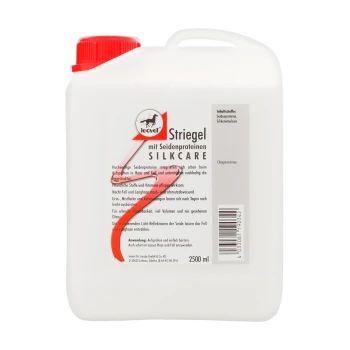 Behälter des Pferdepflegemittels "Striegel mit Seidenproteinen SILKCARE," 2500 ml, mit Inhaltsstoffen und Anwendungshinweisen.