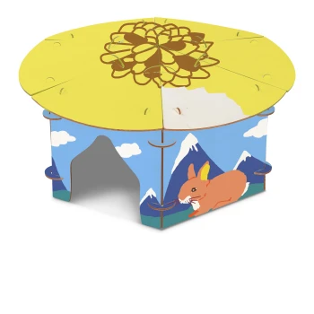 Maison pour animaux en carton coloré avec un dessus jaune décoré d'un motif floral, des côtés bleus avec des montagnes et une illustration de lapin.