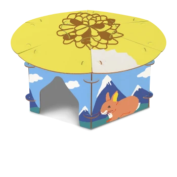 Colorful cardboard pet house featuring a yellow top with a flower design, blue sides with mountains and a rabbit illustration.