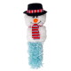 Plush snowman dog toy with black hat, red and blue striped scarf, and blue fuzzy body on white background.