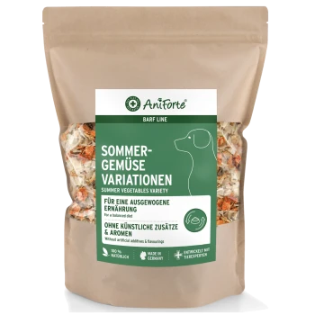 Braune Papiertüte der Aniforte BARF Line Sommergemüse-Mischung, mit Text in Deutsch und Englisch über ausgewogene Ernährung und natürliche Zutaten.