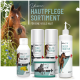 Pferd mit Hautpflegeprodukten: "Haut Akut Balsam," "Zink Spray," "Blau Spray," "Ekzem Tinktur," und Text über die Hautpflegeserie.