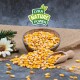 Schüssel mit gelben Maiskörnern und einer Holzschaufel, umgeben von Jute, Grünpflanzen und einer Blume; mit dem Logo 'LYRA NATURE POWER'.