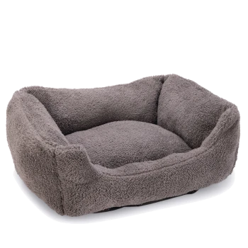 Graues, plüschiges Haustierbett mit erhöhten Seiten und einem weichen, gepolsterten Zentrum, ideal für kleine Hunde oder Katzen.