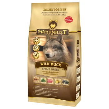 Wolfsblut Wild Duck Hundefutter für kleine Rassen, mit dem Gesicht eines Wolfes und der Hervorhebung natürlicher Zutaten wie Ente und Kartoffel.
