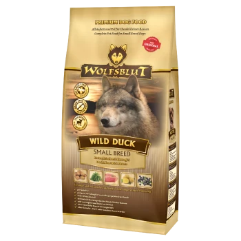 Wolfsblut Wild Duck Hundefutter für kleine Rassen, mit dem Gesicht eines Wolfes und der Hervorhebung natürlicher Zutaten wie Ente und Kartoffel.