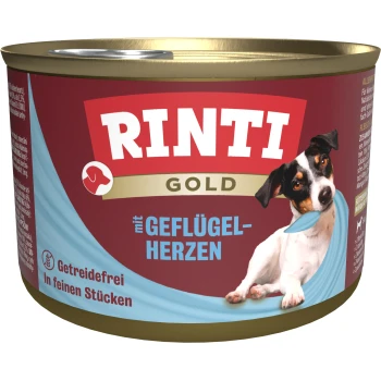 Gold Adult Geflügelherzen 12x185 g Rinti Gold Hundefutterdose mit einem verspielten Hund mit einem blauen Band, beschriftet mit 'mit Geflügel-Herzen', getreidefrei, in feinen Stücken.