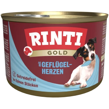 Rinti Gold Hundefutterdose mit einem verspielten Hund mit einem blauen Band, beschriftet mit 'mit Geflügel-Herzen', getreidefrei, in feinen Stücken.